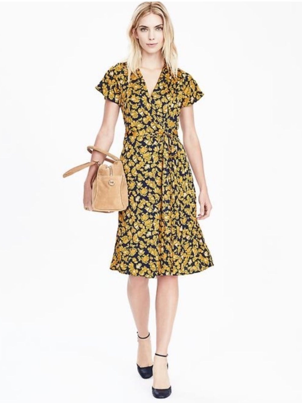 Banana Republic Wrap Dress Womens XL Blue Floral Midi V-Neck Short